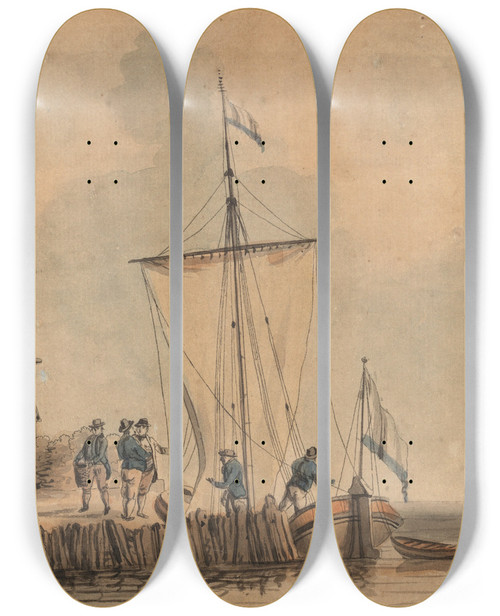 Triptych art skateboard deck of Samuel Atkins Figures Embarking From A Quay by Samuel Atkins (1760-1810)