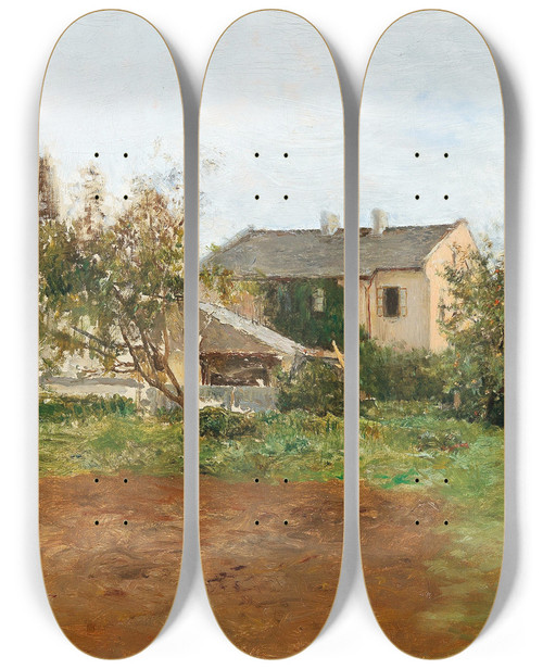 Triptych art skateboard deck of Franz Rumpler At The Village Edge by Franz Rumpler (1848-1922)