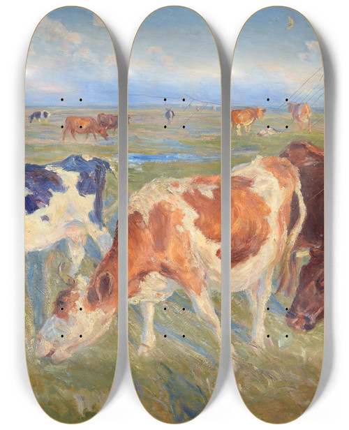 Triptych art skateboard deck of Theodor Philipsen Grazing Cows On The Island Of Saltholm by Theodor Philipsen (1840-1920)