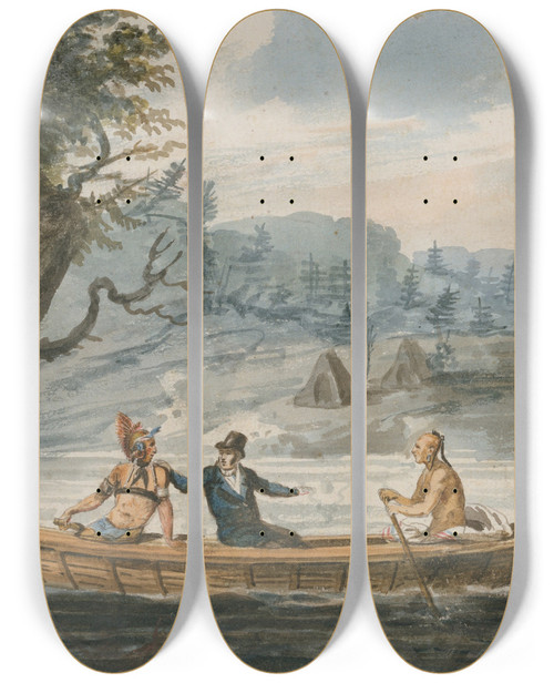 Triptych art skateboard deck of Pavel Petrovich Svinin Two Indians And A White Man In A Canoe by Pavel Petrovich Svinin (1787-1839)