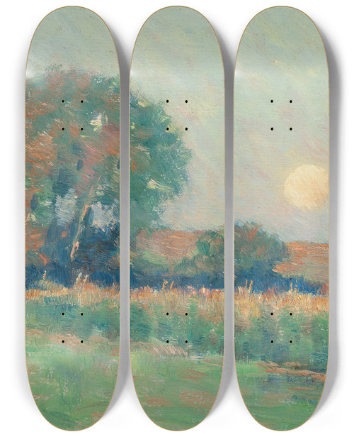 Triptych art skateboard deck of Arthur Hoeber Summer Landscape At Sunset by Arthur Hoeber (1854-1915)