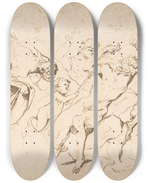 Triptych art skateboard deck of Giovanni Benedetto Castiglione Five Nude Male Figures Punishing Another by Giovanni Benedetto Castiglione (1609-1664)