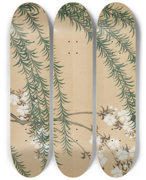 Triptych art skateboard deck of Kamisaka Sekka Willow And Cherry Yanagizakura by Kamisaka Sekka (1866-1942)