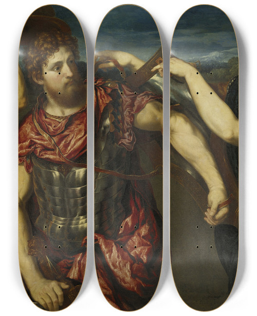Triptych art skateboard deck of Paris Bordone Perseus Armed By Mercury And Minerva by Paris Bordone (1500-1571)