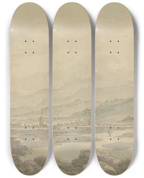 Triptych art skateboard deck of Dominic M Serres View Of Perth From Moncrieffe Hill by Dominic Serres