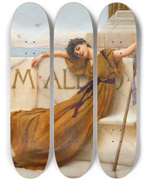 Triptych art skateboard deck of John William Godward A Priestess Of Bacchus by John William Godward (1861-1922)