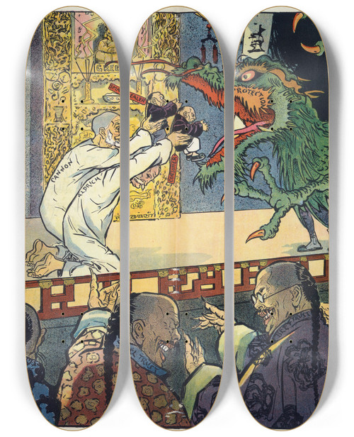 Triptych art skateboard deck of Frank Arthur Nankivell Like A Chinese Play It Goes On Forever by Frank Arthur Nankivell (1869-1959)