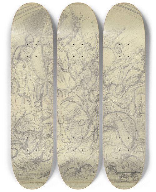 Triptych art skateboard deck of Wilhelm Altheim Cavalery Battle by Wilhelm Altheim (1871-1914)