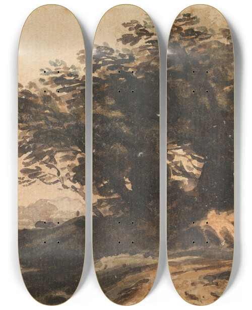 Triptych art skateboard deck of John Varley Landscape With A Clump Of Trees Near A Road And A Stream by John Varley (1778-1842)