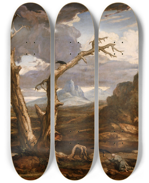 Triptych art skateboard deck of Washington Allston Elijah In The Desert by Washington Allston (1779-1843)