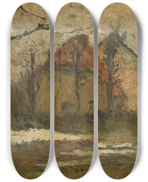 Triptych art skateboard deck of Rudolf Hckner Der Letzte Schnee by Rudolf Hockner (1864-1942)