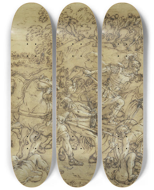 Triptych art skateboard deck of Pietro Da Cortona The Battle Of Alexander At Issus by Pietro da Cortona (1596-1669)