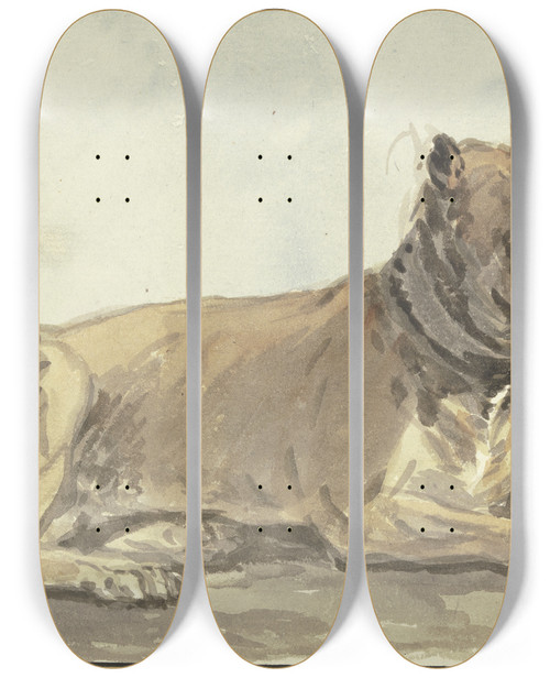Triptych art skateboard deck of Conrad Gessner Liegende Dogge Den Kopf Erhoben by Conrad Gessner (1764-1826)