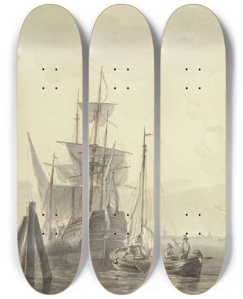 Triptych art skateboard deck of Martinus Schouman Ships On A Calm Sea_2 by Martinus Schouman (1770-1848)