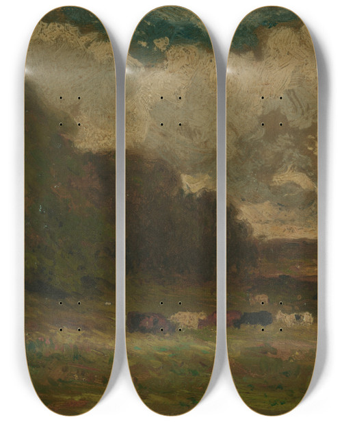 Triptych art skateboard deck of Edward Mitchell Bannister Untitled Landscape With Cows And Trees by Edward Mitchell Bannister (1828-1901)
