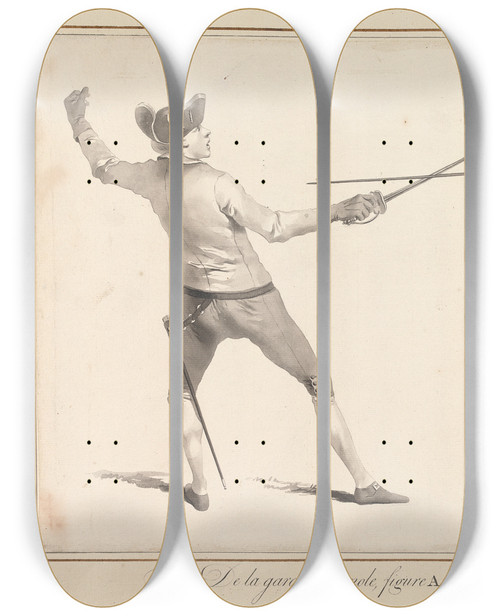 Triptych art skateboard deck of James Gwin De La Garde Espagnole Figure A Attaque Par La Garde Franoise by James Gwin (1720-1769)