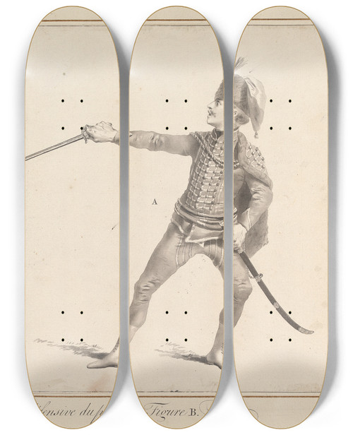 Triptych art skateboard deck of James Gwin Garde De Lespadonneur Figure A Garde Dfensive Du Pointeur Figure B by James Gwin (1720-1769)