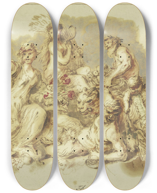 Triptych art skateboard deck of Giovanni Benedetto Castiglione Satyrn Und Mnaden An Einer Panherme by Giovanni Benedetto Castiglione (1609-1664)