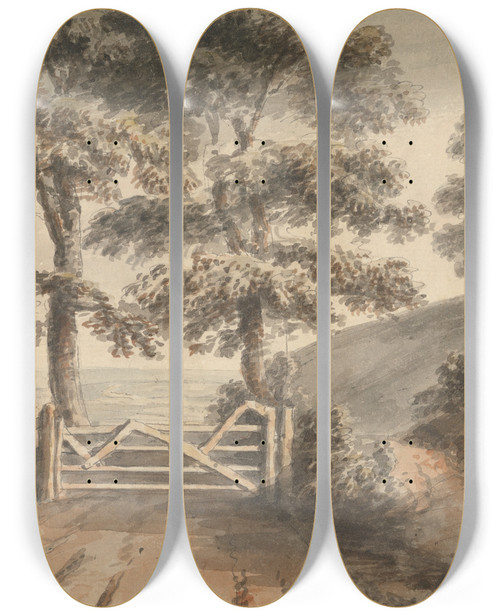Triptych art skateboard deck of Nicholas Pocock View From Ashton Meadows Bristol by Nicholas Pocock (1740-1821)