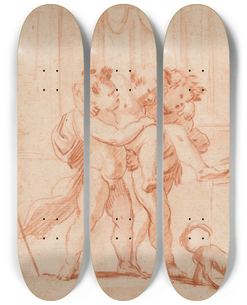 Triptych art skateboard deck of Giulio Carpioni Two Putti Carrying A Third Putto Another Putto From Therear by Giulio Carpioni (1613-1678)