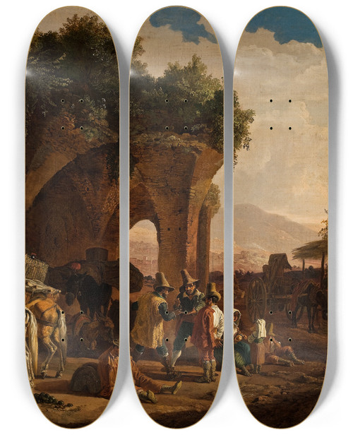 Triptych art skateboard deck of Heinrich Brkel Scene In Front Of An Italian Osteria by Heinrich Burkel (1802-1869)