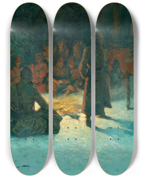 Triptych art skateboard deck of Frederic Remington A Halt In The Wilderness by Frederic Remington (1861-1909)