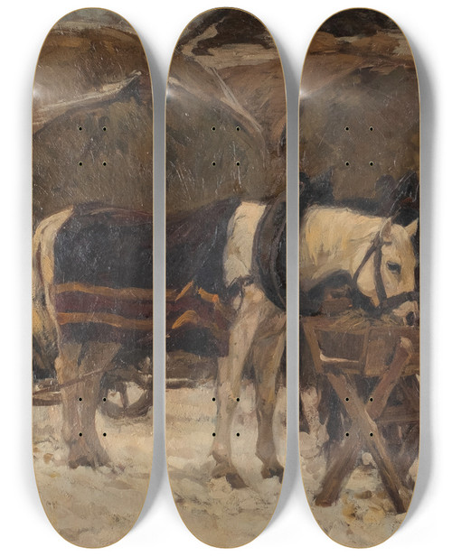 Triptych art skateboard deck of Hans Von Hayek Resting Horses by Hans Von Hayek (1869-1940)
