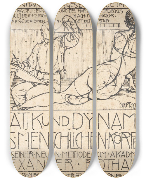 Triptych art skateboard deck of Alexander Rothaug Statik Und Dynamik Des Menschlichen Krpers Pl01 by Alexander Rothaug (1870-1946)