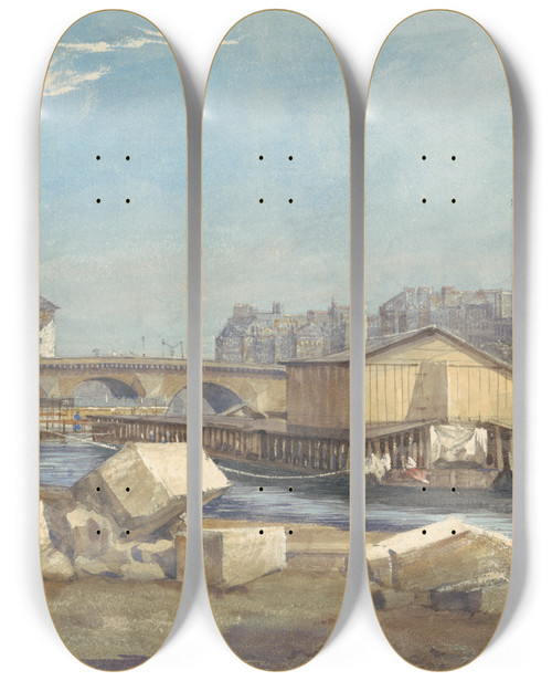 Triptych art skateboard deck of Richard Redgrave Ile De La Cit The Pont Au Change And The Conciergerie Paris 1837 by Richard Redgrave (1804-1888)
