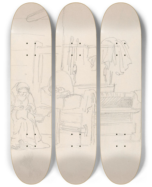 Triptych art skateboard deck of Adolph Tidemand Interir Med Seng Hengevugge Vev Og Figurer Spttungen by Adolph Tidemand (1814-1876)