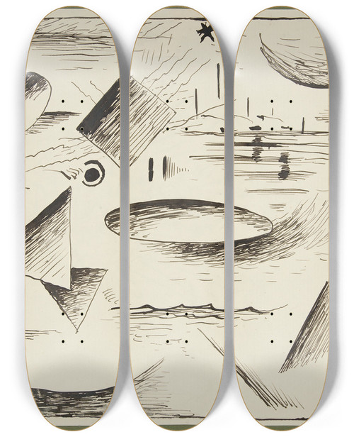 Triptych art skateboard deck of Rudolf Bauer Untitled Abstractforms_4 by Rudolf Bauer (1889-1953)