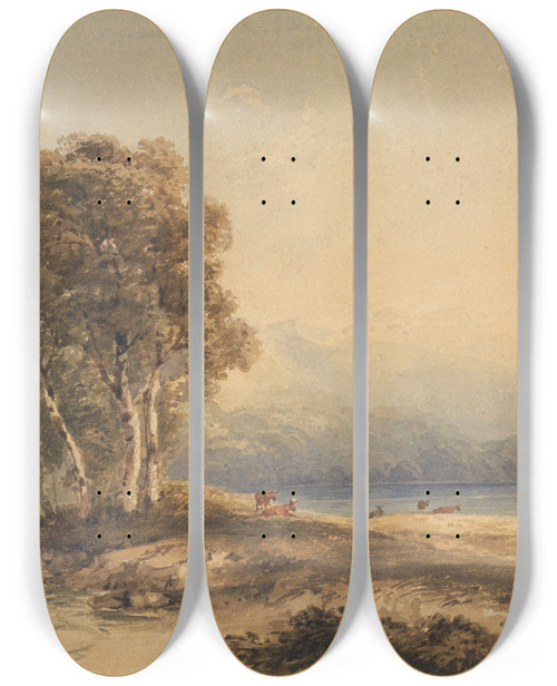 Triptych art skateboard deck of Copley Fielding Mountainous Landscape With Lake And Stream by Copley Fielding (1787-1855)
