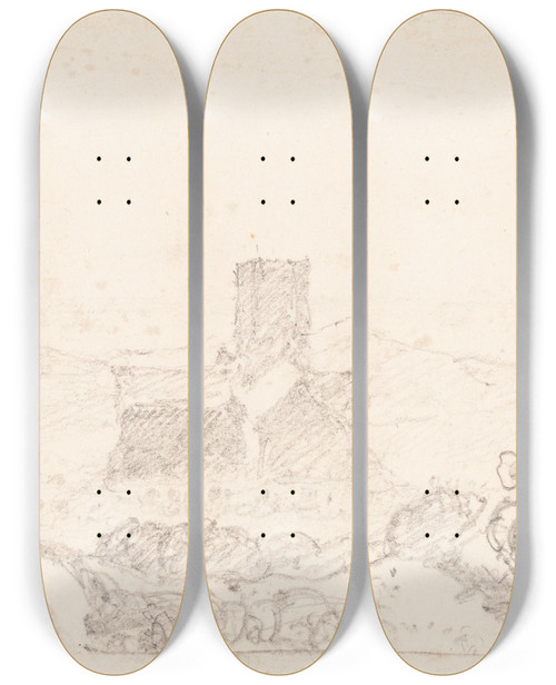 Triptych art skateboard deck of John Sell Cotman Landscape With Church by John Sell Cotman (1782-1842)
