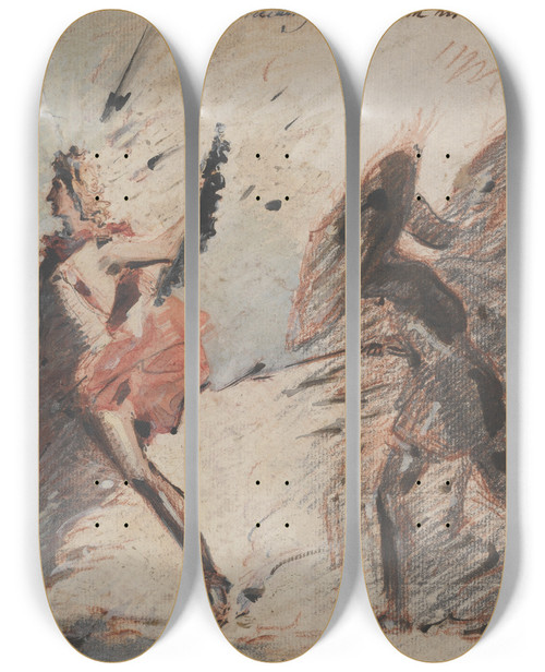 Triptych art skateboard deck of John Flaxman Apollo Preceding Hector With His Aegis And Dispersing The Greeks Fuselis Lectures by John Flaxman (1755-1826)