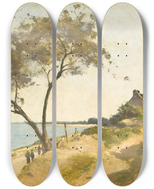 Triptych art skateboard deck of Paul Lecomte Bord De Mer Avec Promeneurs Sur Un Chemin by Paul Lecomte (1842-1920)