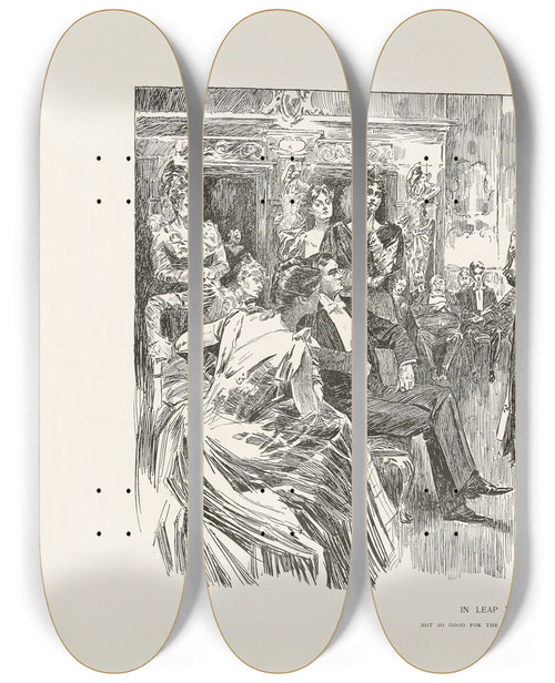 Triptych art skateboard deck of Charles Dana Gibson In Leap Year Not So Good For The Unattractive Men by Charles Dana Gibson (1867-1944)