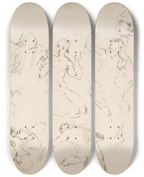 Triptych art skateboard deck of Francesco Curia Standing And Kneeling Figures And Studies Of Flying Putti by Francesco Curia (1538-1610)