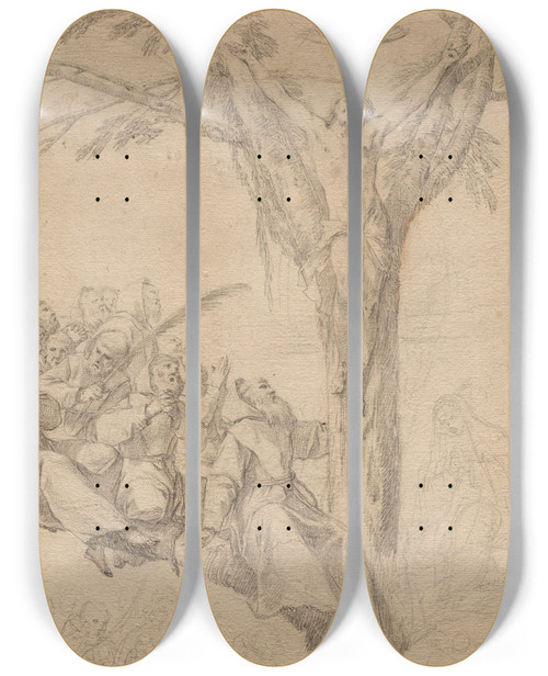 Triptych art skateboard deck of Laurent De La Hyre The Crucified Christ As The Tree Of Life With Monks And Nuns by Laurent de la Hyre (1606-1656)