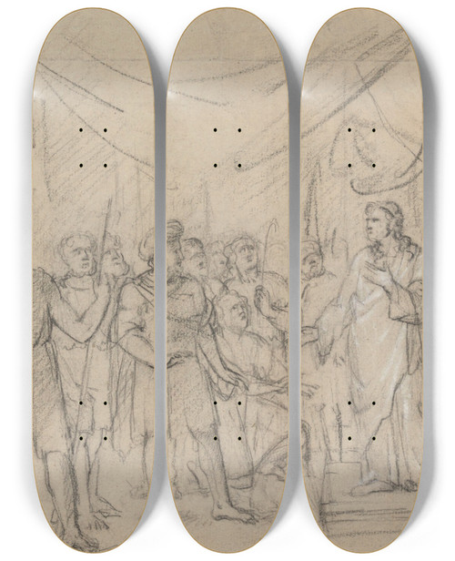 Triptych art skateboard deck of Jean Antoine Verschaeren Joseph Viceroy Of Egypt In Front Of His Father And Brothers by Jean Antoine Verschaeren (1803-1863)