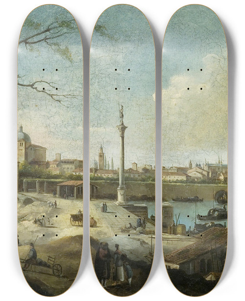Triptych art skateboard deck of Giuseppe Bernardino Bison Capriccio Mit Der Ansicht Von Padua by Giuseppe Bernardino Bison (1762-1844)