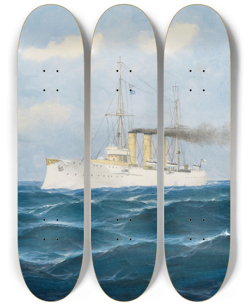 Triptych art skateboard deck of Max Jensen The Cruiser Nrnberg Gives The Order To Stop To A Merchant Ship By Flag Signals by Max Jensen (1860-1907)