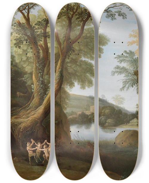 Triptych art skateboard deck of Paul Bril Fauns In A Wooded Landscape by Paul Bril (1554-1626)