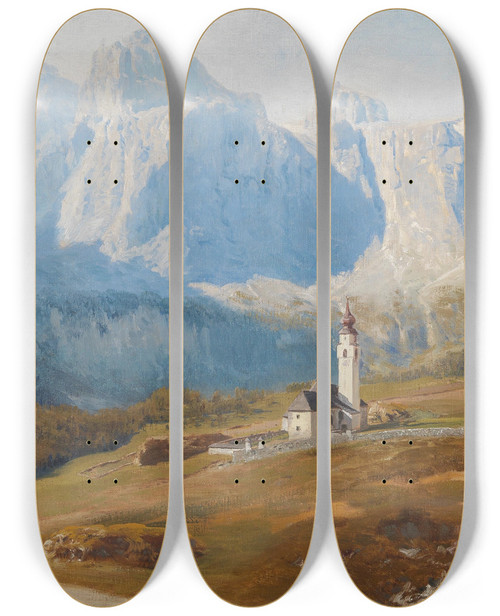 Triptych art skateboard deck of Anton Hlavacek Blick Auf Kolfuschg Mit Der Geislergruppe by Anton Hlavacek (1842-1926)