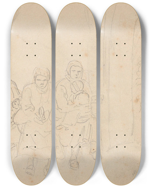 Triptych art skateboard deck of Adolph Tidemand Kvinner I Vpenhuset Ved Mora Kirke by Adolph Tidemand (1814-1876)