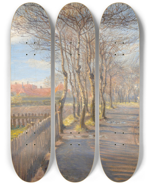 Triptych art skateboard deck of Theodor Philipsen Country Lane With Trees Kastrup by Theodor Philipsen (1840-1920)