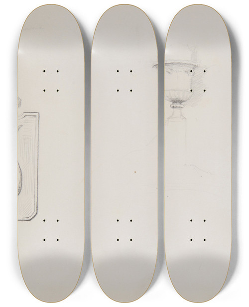 Triptych art skateboard deck of Ferdynand Bryll Dwa Szkice Herb Rogala I Waza Na Postumencie by Ferdynand Bryll (1863-1922)