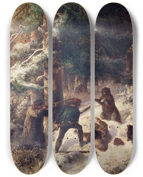 Triptych art skateboard deck of Wilhelm Wallander Bearhunting In The Winter by Wilhelm Wallander (1821-1888)