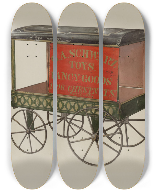 Triptych art skateboard deck of Philip Johnson Toy Wagon by Philip Johnson