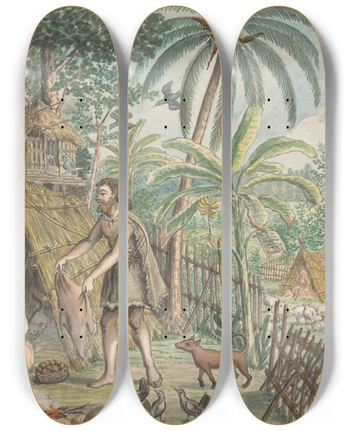 Triptych art skateboard deck of Jan Brandes Adam En Eva In Een Utopisch Dorpstafereel by Jan Brandes (1743-1808)