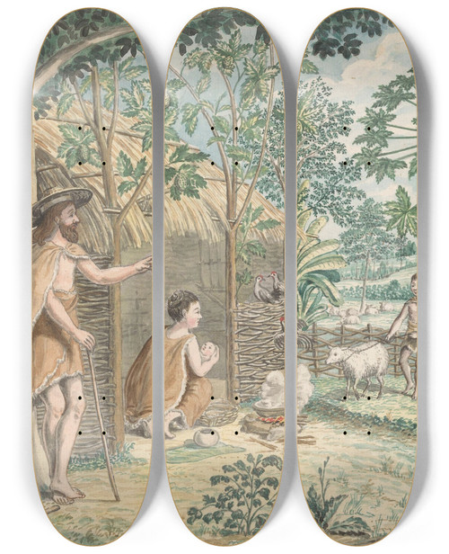 Triptych art skateboard deck of Jan Brandes Idyllisch Dorpstafereel by Jan Brandes (1743-1808)